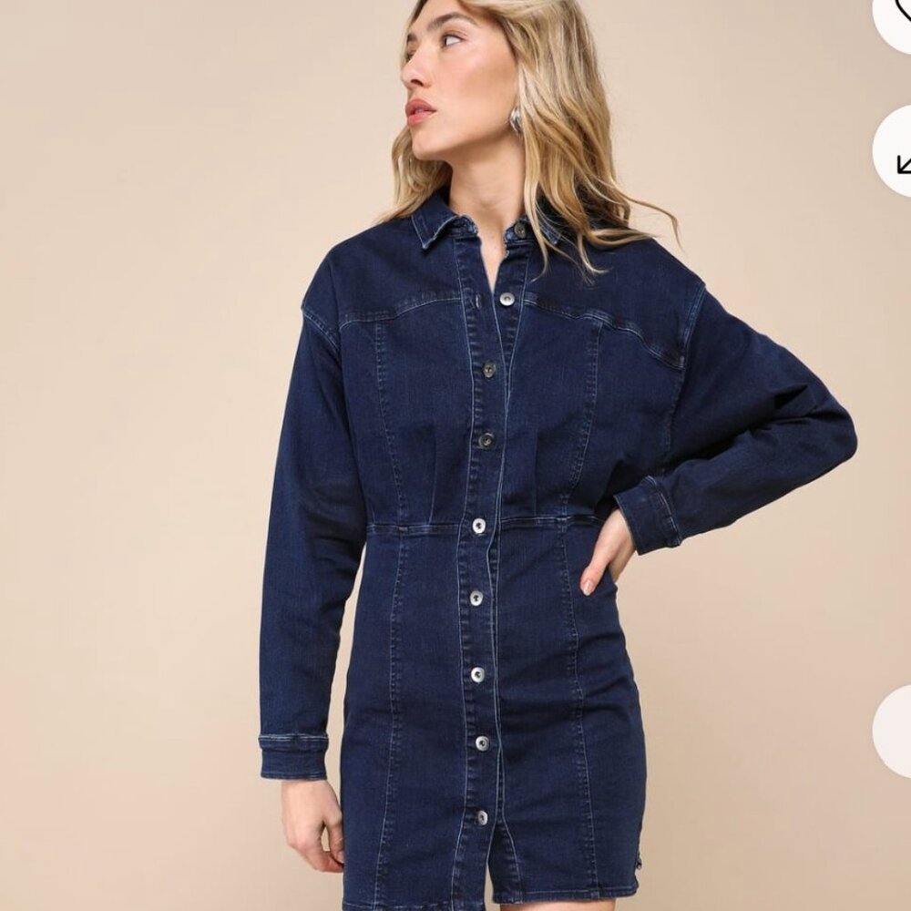 Free People Amber Dark Wash Denim Long Sleeve Button-Front Mini Dress